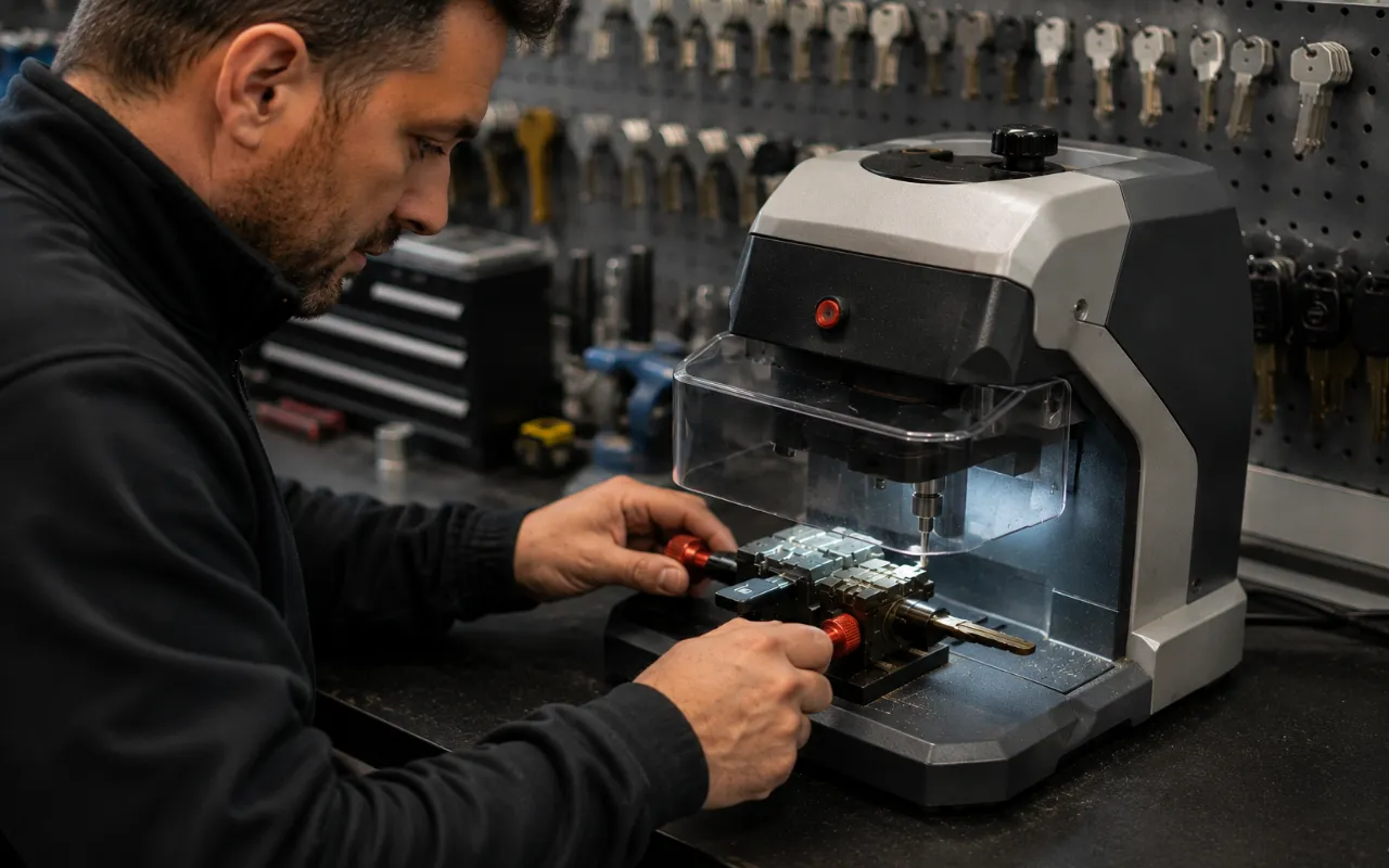Automotive key being cut on professional key-cutting equipment
