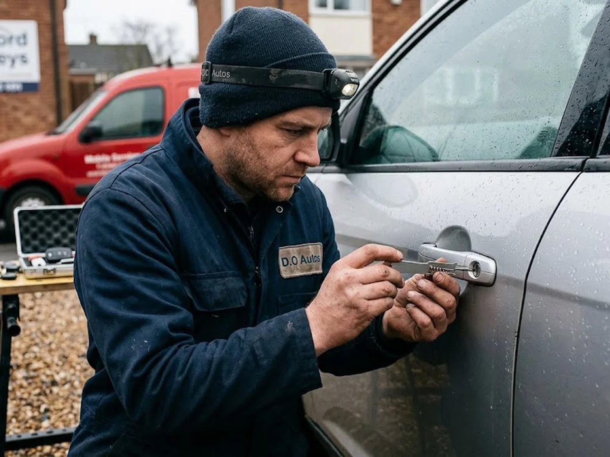 Automotive key technician decoding a car door lock with a lock decoder tool